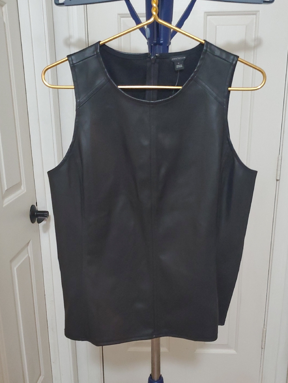 Ann Taylor Black Faux Leather Shell Top with Quilted Detail